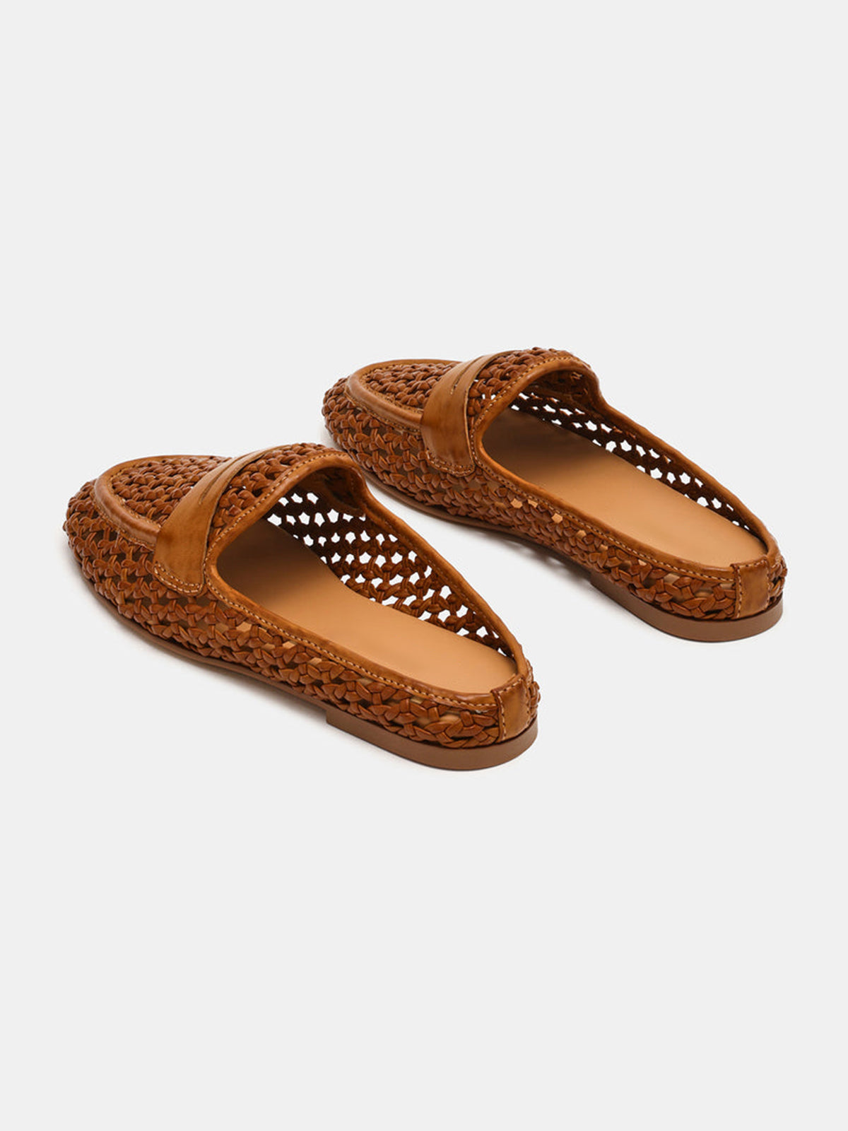 Brown Woven Vegan Leather Round-Toe Backless Simple Flats