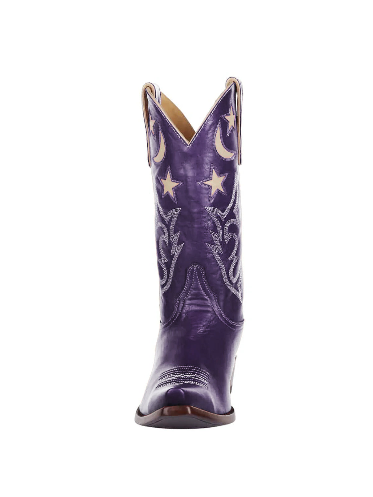 Purple Snip-Toe Moon And Star Inlay Embroidery Mid Calf Cowgirl Boots