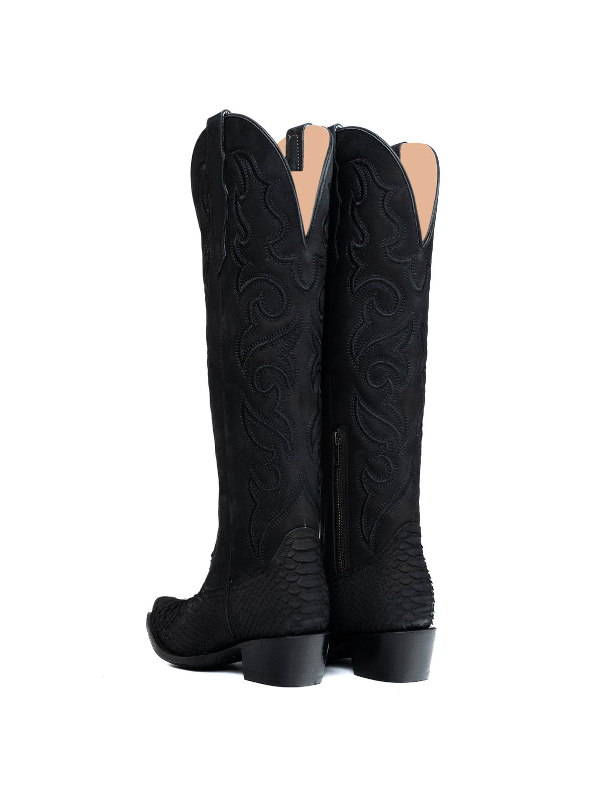 Black Snakeskin Print And Faux suede Snip-Toe Embroidery Half-Zip Knee High Cowgirl Boots