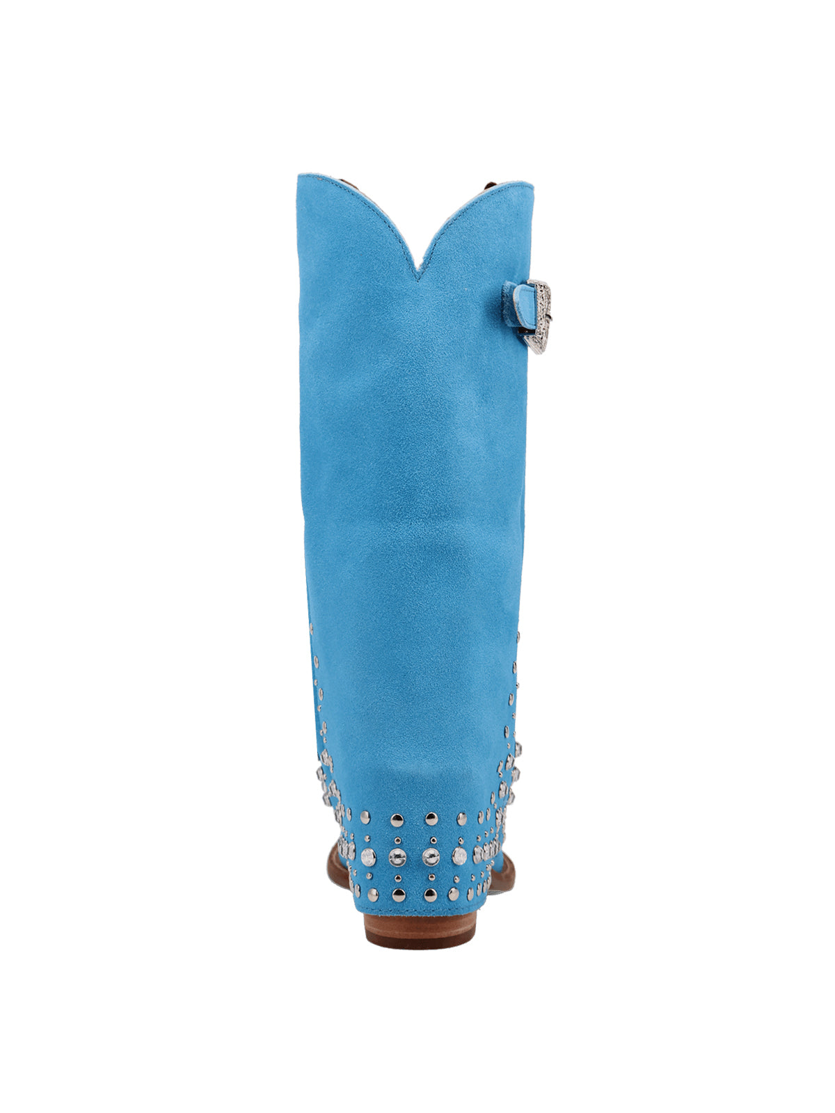 Blue Faux Suede Snip-Toe Fold-Over Rhinestones Top Buckle Mid Calf Cowgirl Boots