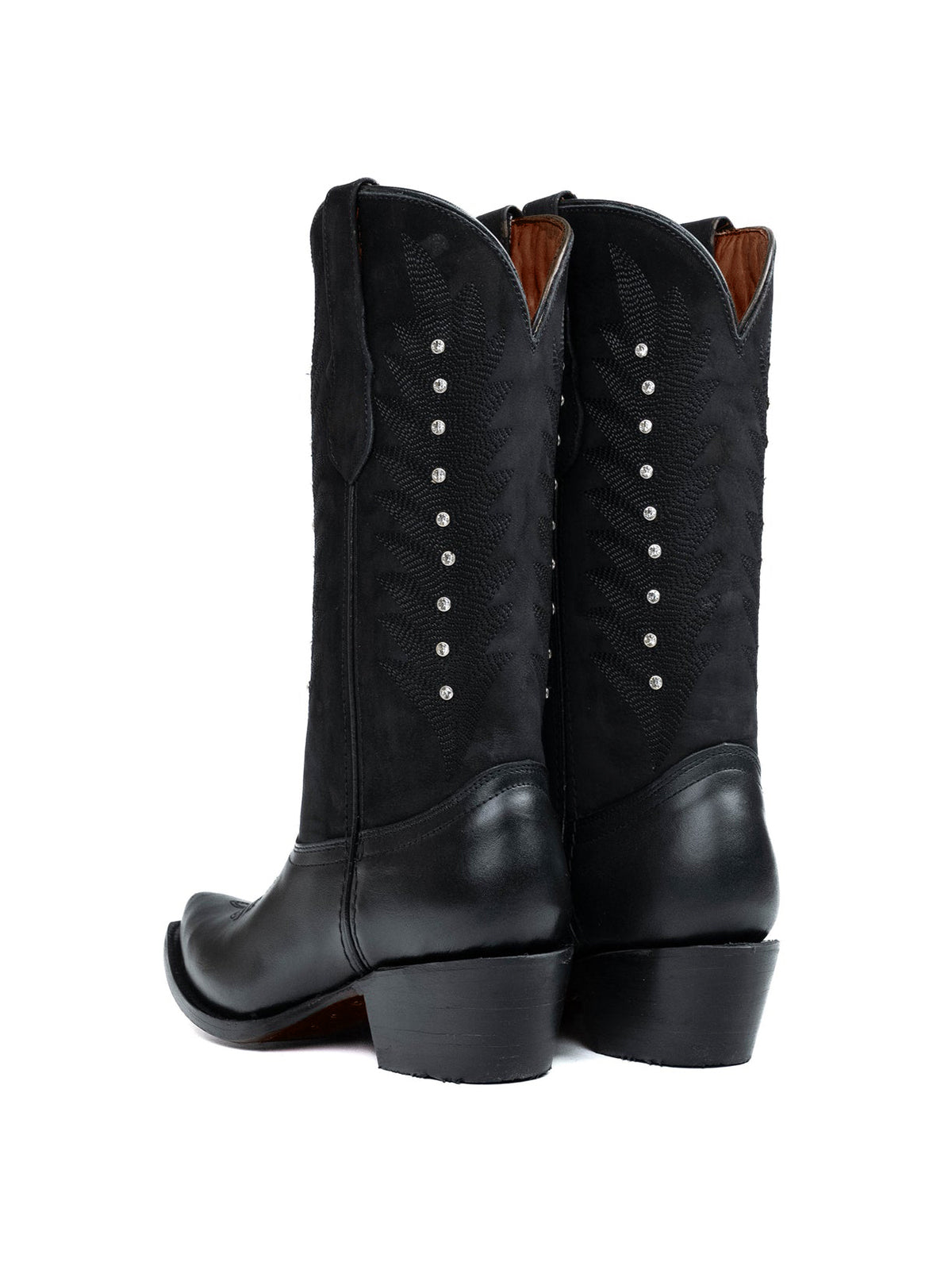 Black Western Snip-Toe Embroidery And Studs Mid Calf Chic Cowgirl Boots