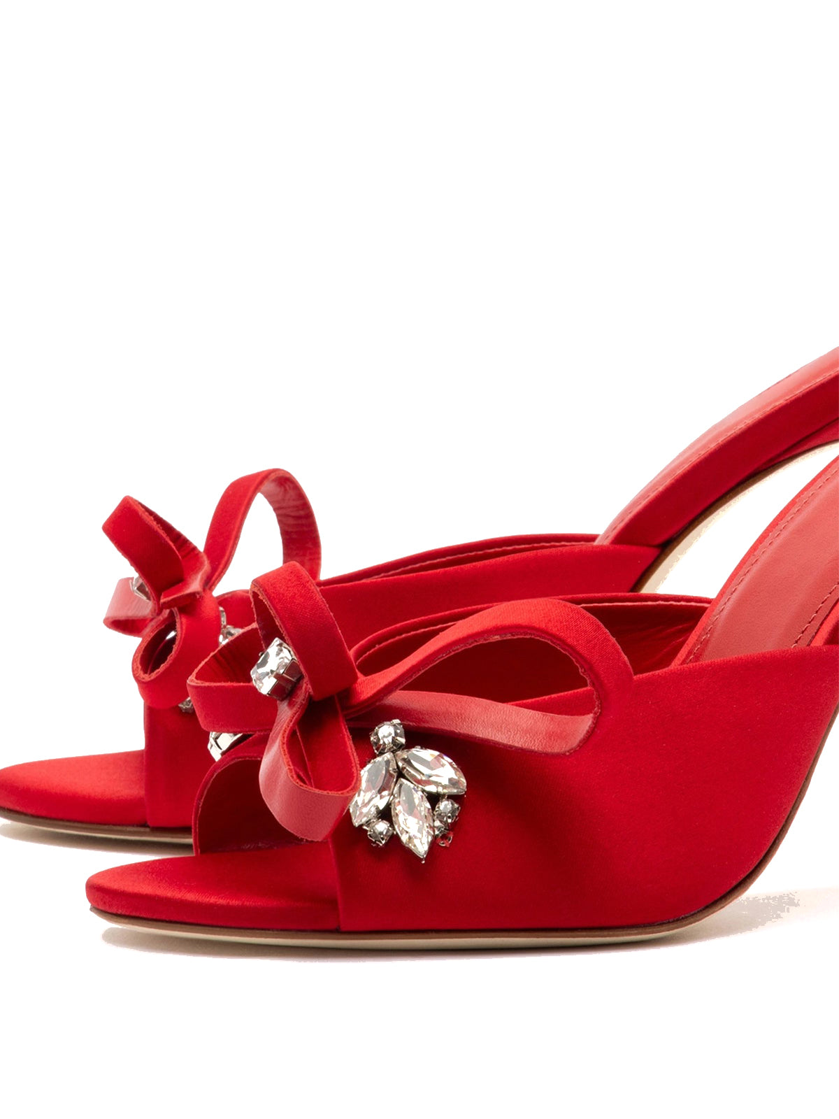 Red Satin Open Round-Toe Front Bow And Crystals High Heels