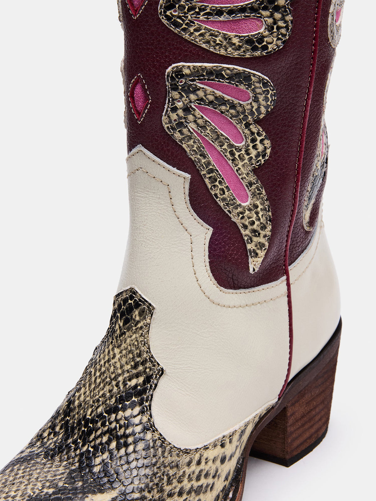 Contrast Tri-Color Snakeskin Print Pointed-Toe Butterfly Inlay Mid Calf Cowgirl Boots