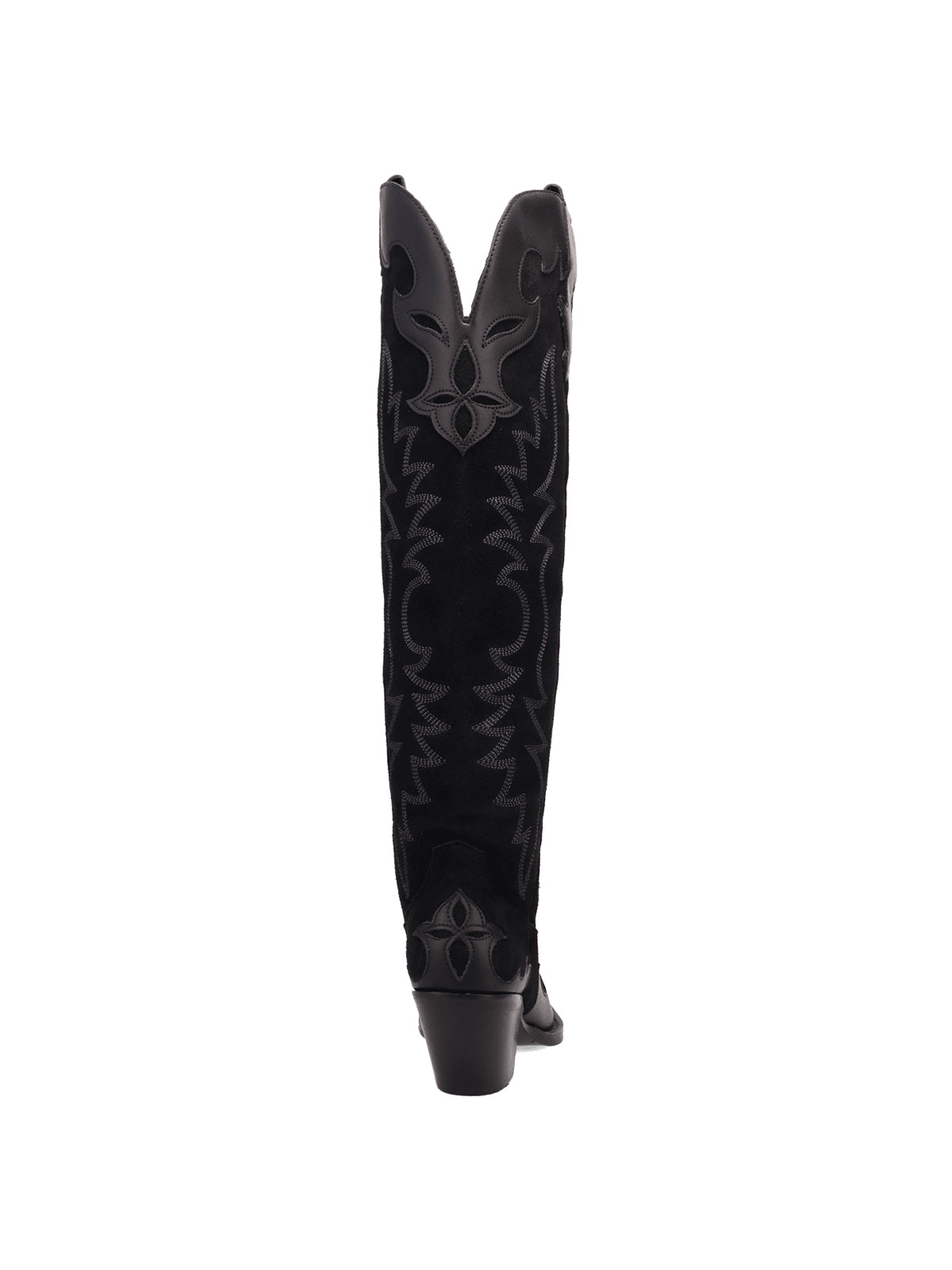 Black Faux Suede Snip-Toe Embroidery Vegan Leather Applique Wide Calf Knee High Cowgirl Boots