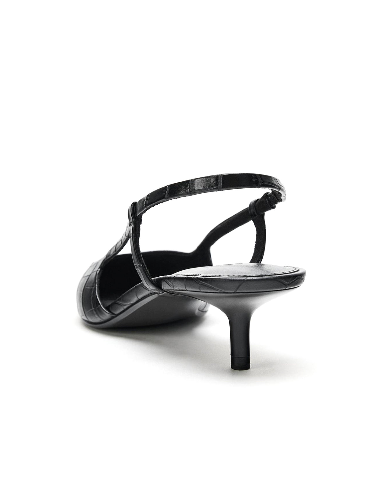 Black Bamboo Pattern Pointed-Toe Slingback Kitten Heels