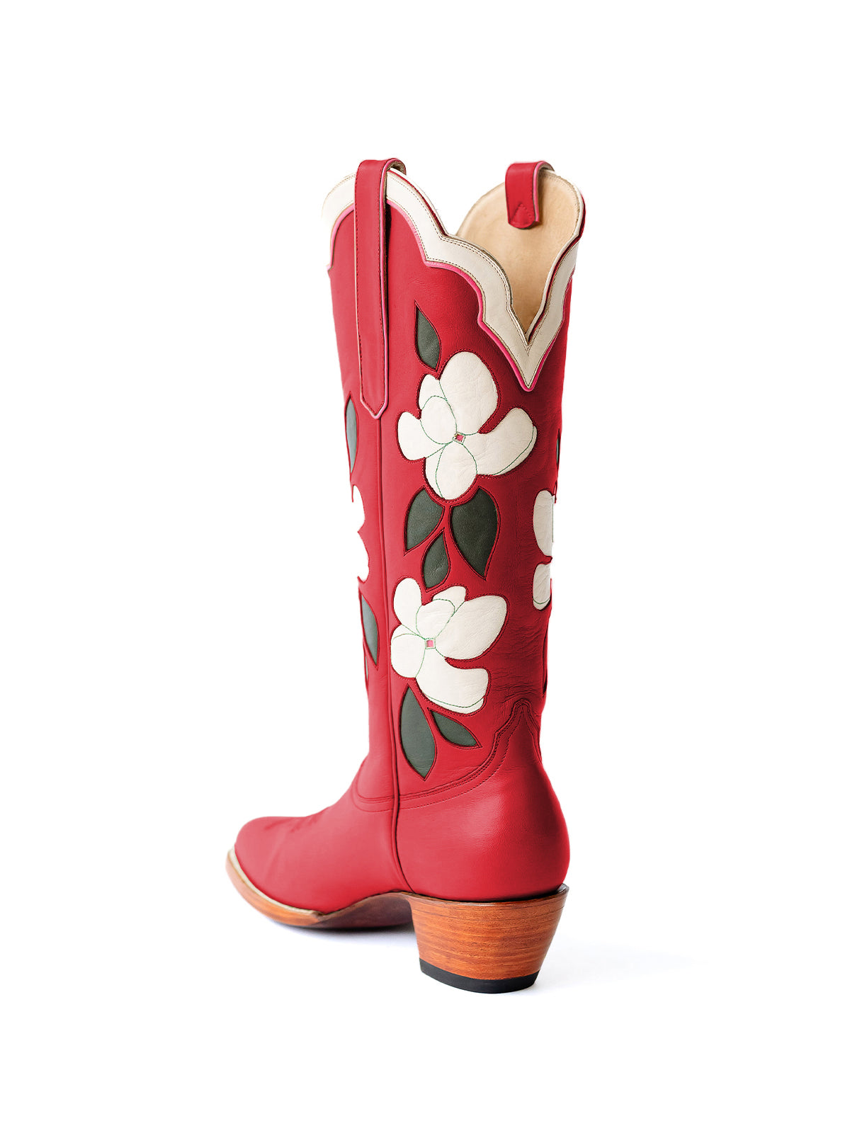 Red Almond-Toe White Flower Inlay Wide Calf Knee High Cowgirl Boots