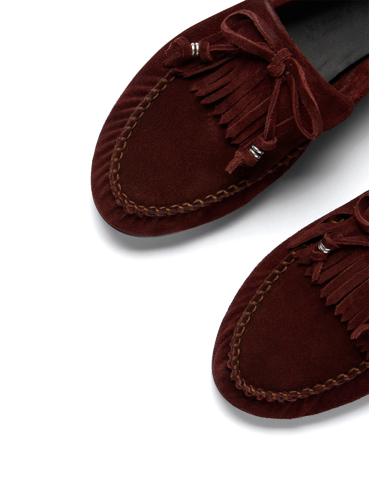Burgundy Cow Suede Round-Toe Front Fringe And Bow Loafers Flats