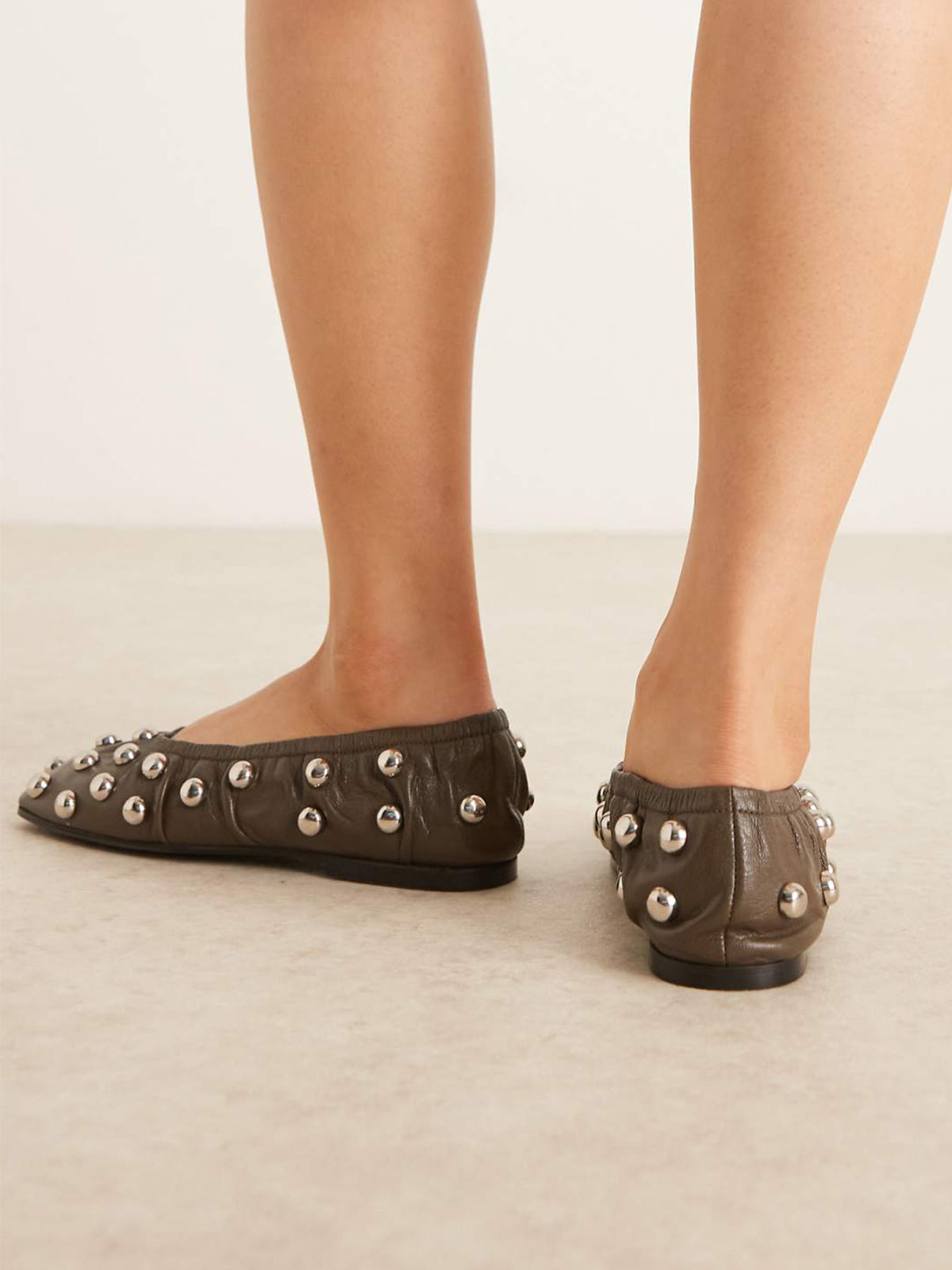 Olive Green Square-Toe Studded Scrunch Ballet Flats