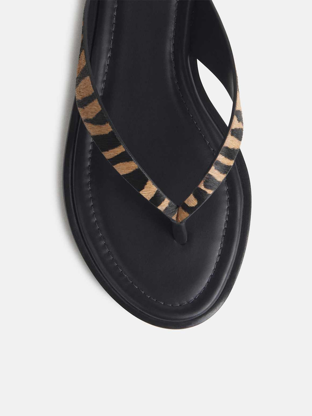 Zebra Pattern Pony Hair Vegan Leather Round-Toe Flip-Flop Slip-On Flats Sandals