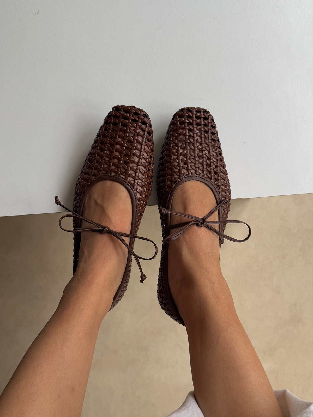 Coffee Woven Vegan Leather Square-Toe Mary Jane Stylish Ballet Flats