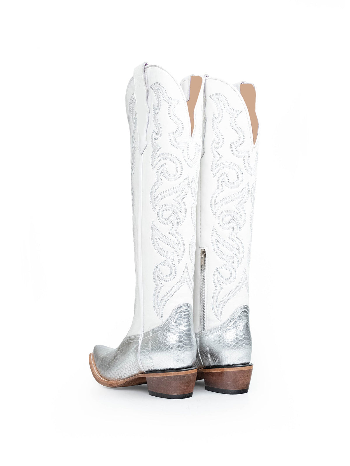 Silver Snakeskin Print And White Vegan Leather Snip-Toe Embroidery Half-Zip Knee High Cowgirl Boots