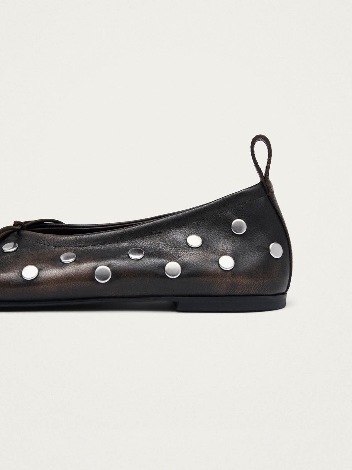 Brown Square-Toe Full Studs And Front Bow Chic Ballet Flats