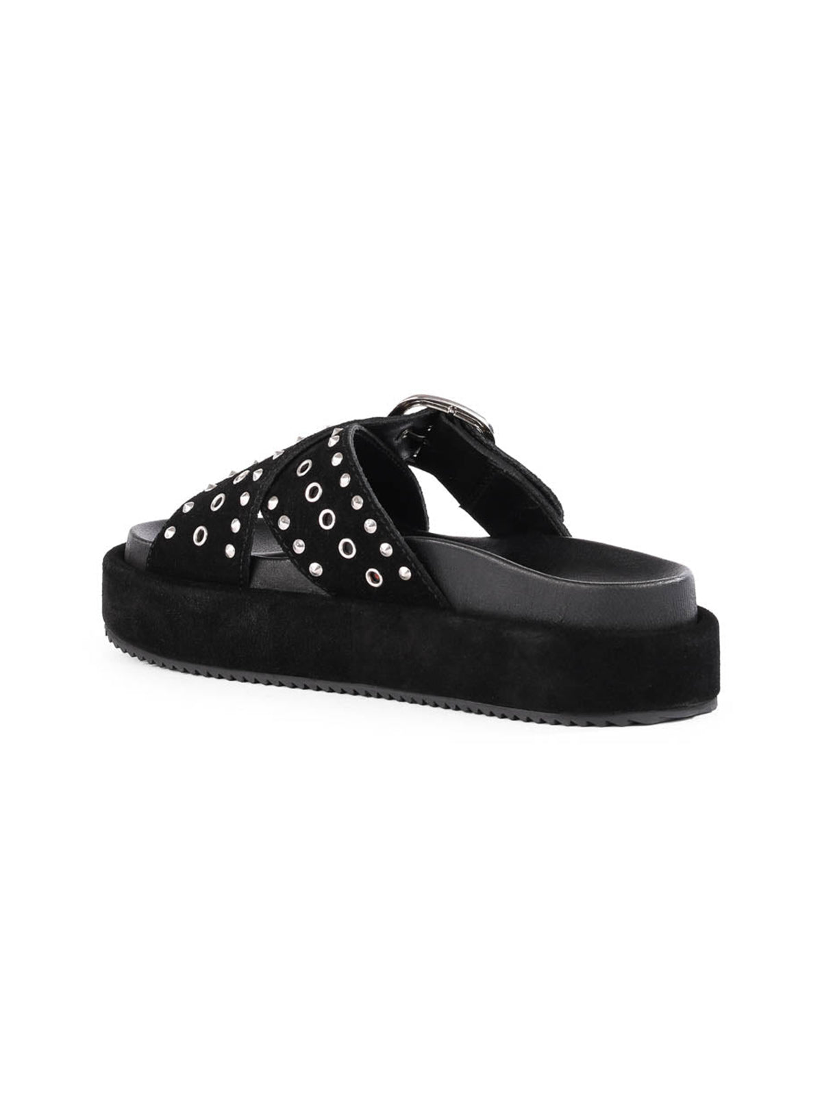 Black Faux Suede Round-Toe Crossed Straps With Eyelets And Rhinestones Sandals