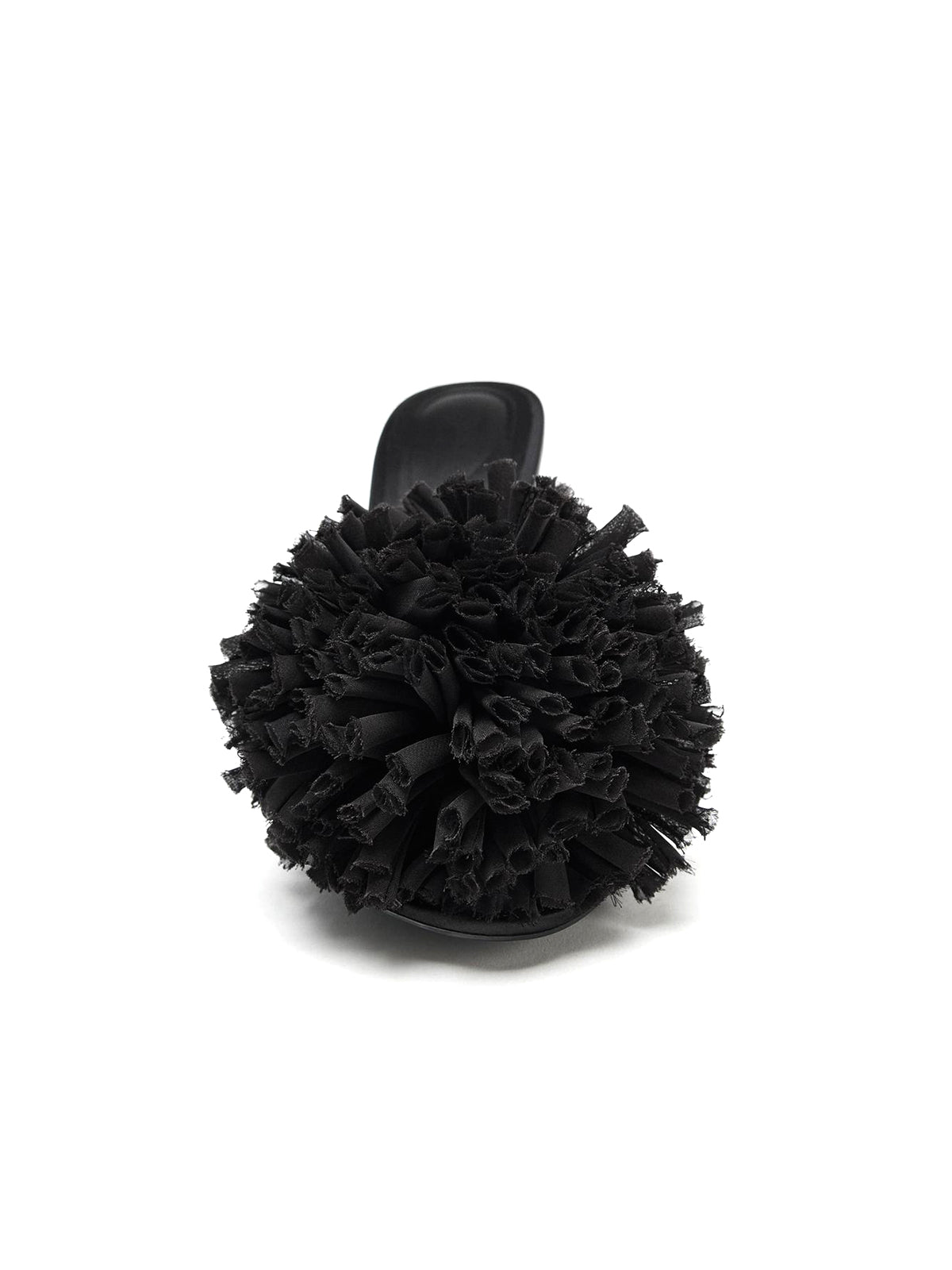 Black Satin Pointed-Toe Front Maxi Pompom Backless High Heels