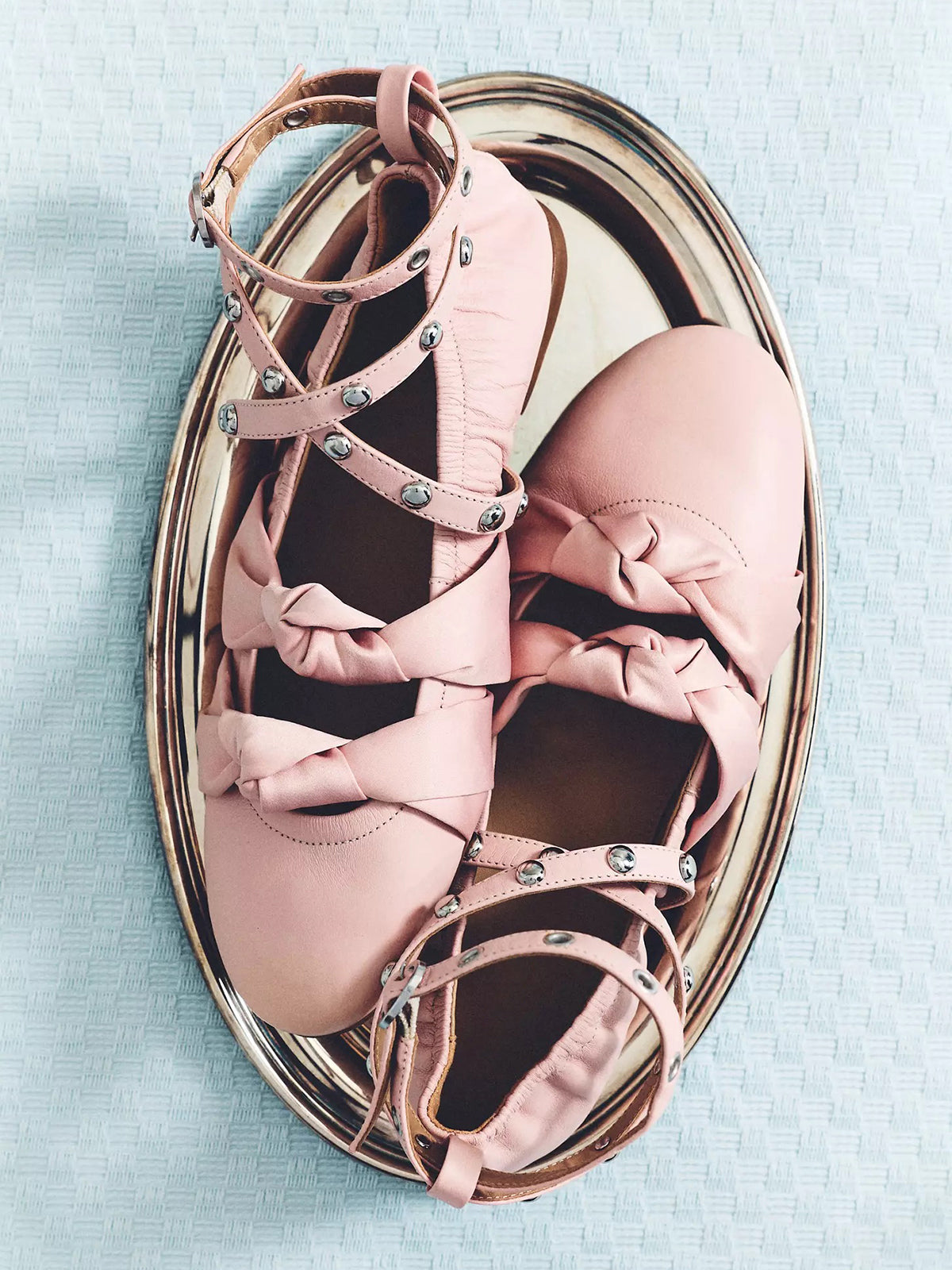 Pink Round-Toe Studded Ankle Straps Front Double Satin Straps Ballet Flats