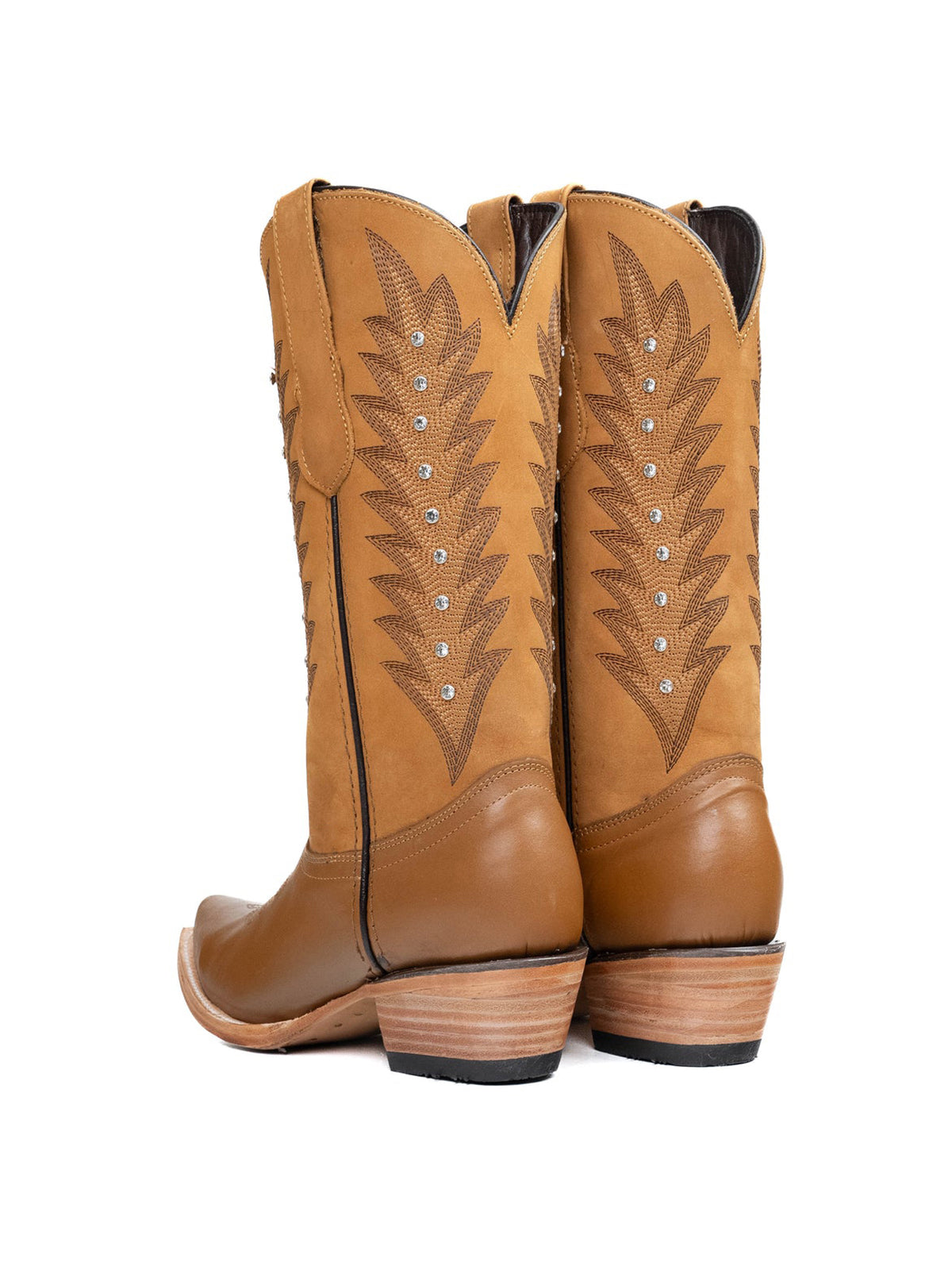Tan Western Snip-Toe Embroidery And Studs Mid Calf Chic Cowgirl Boots