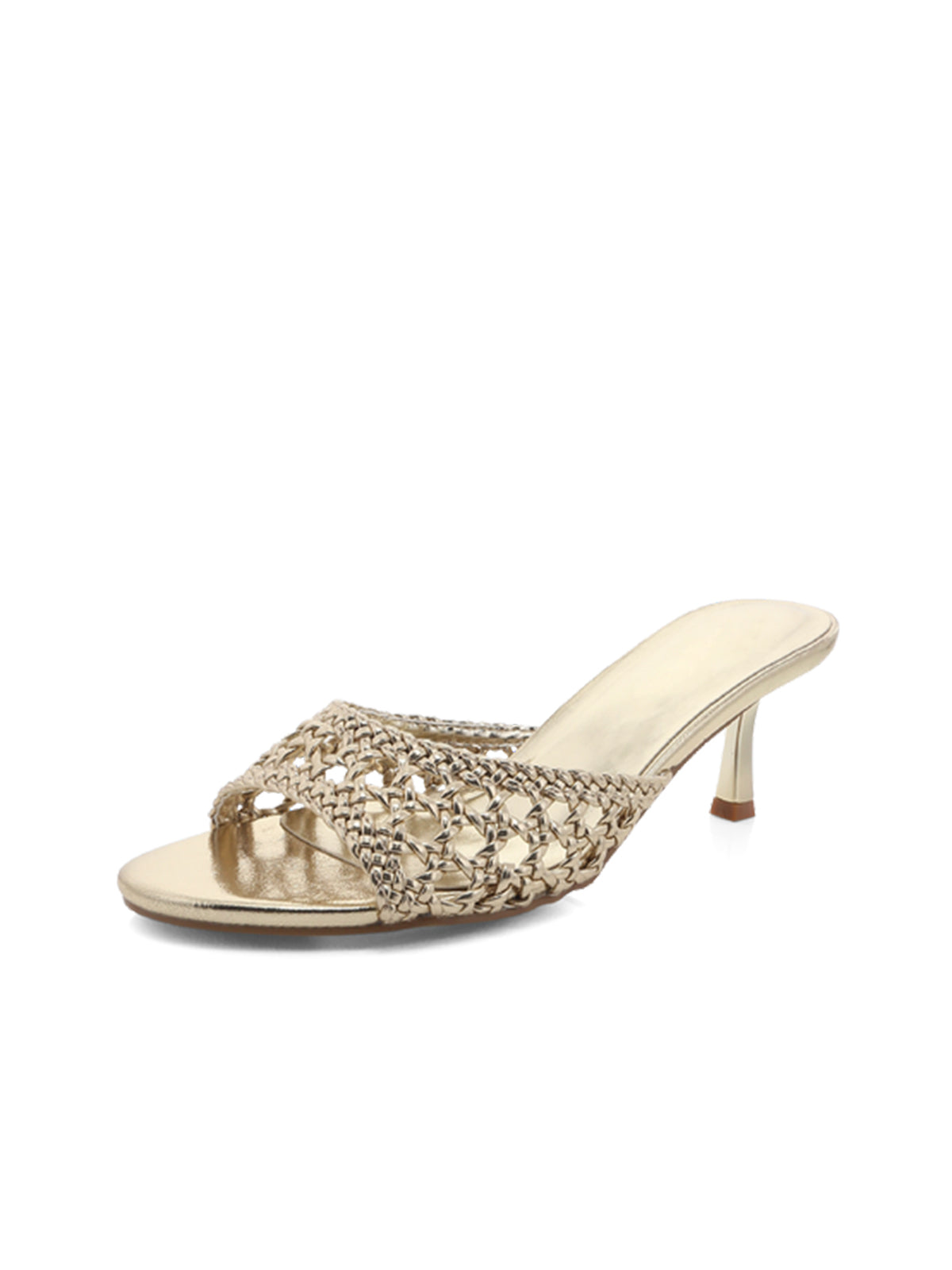 Gold Vegan Leather Woven Open Round-Toe Slip-On Kitten Heels