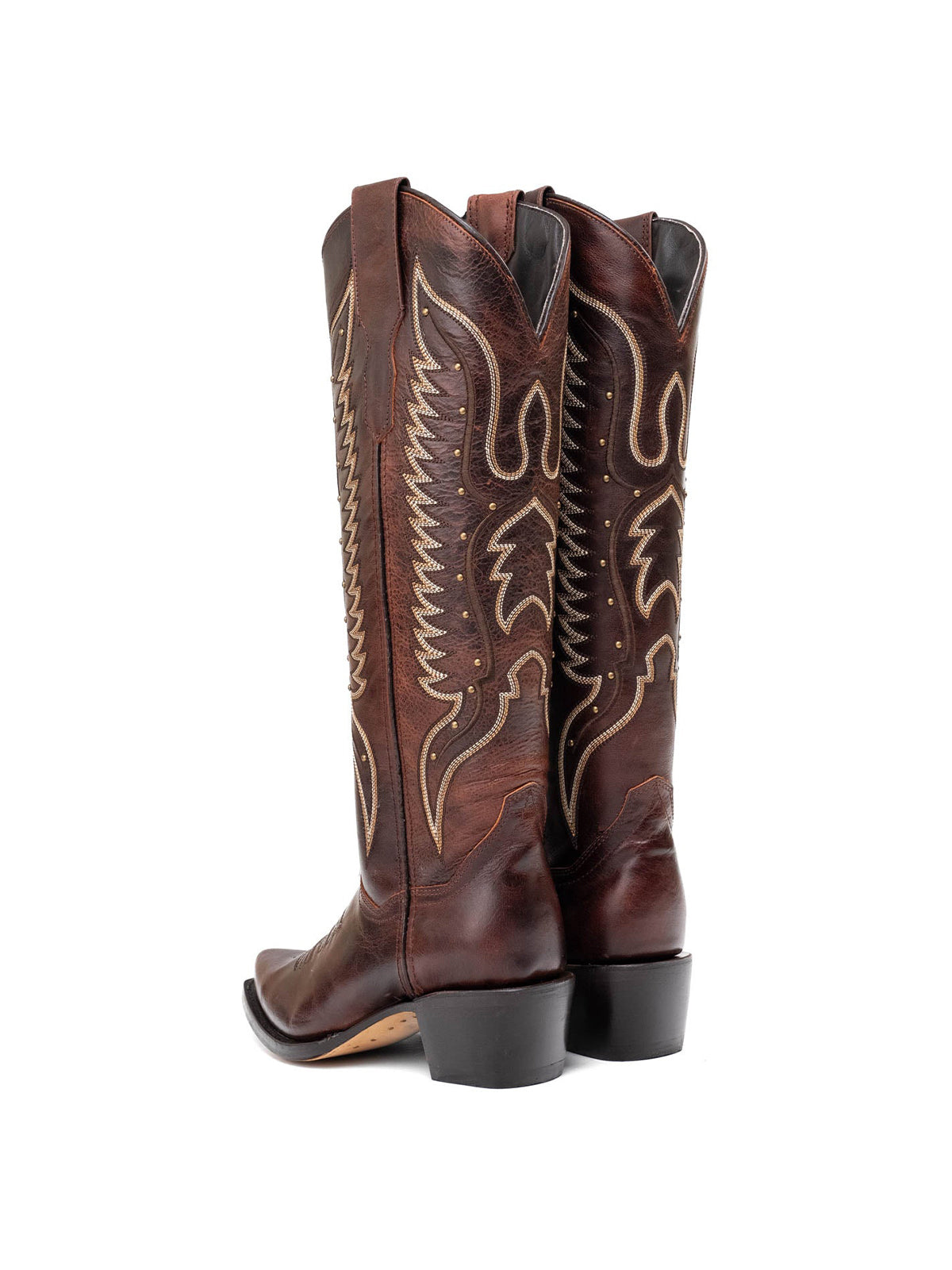 Western Snip-Toe Wings Embroidery And Studs Wide Calf Knee High Cowgirl Boots - Cognac