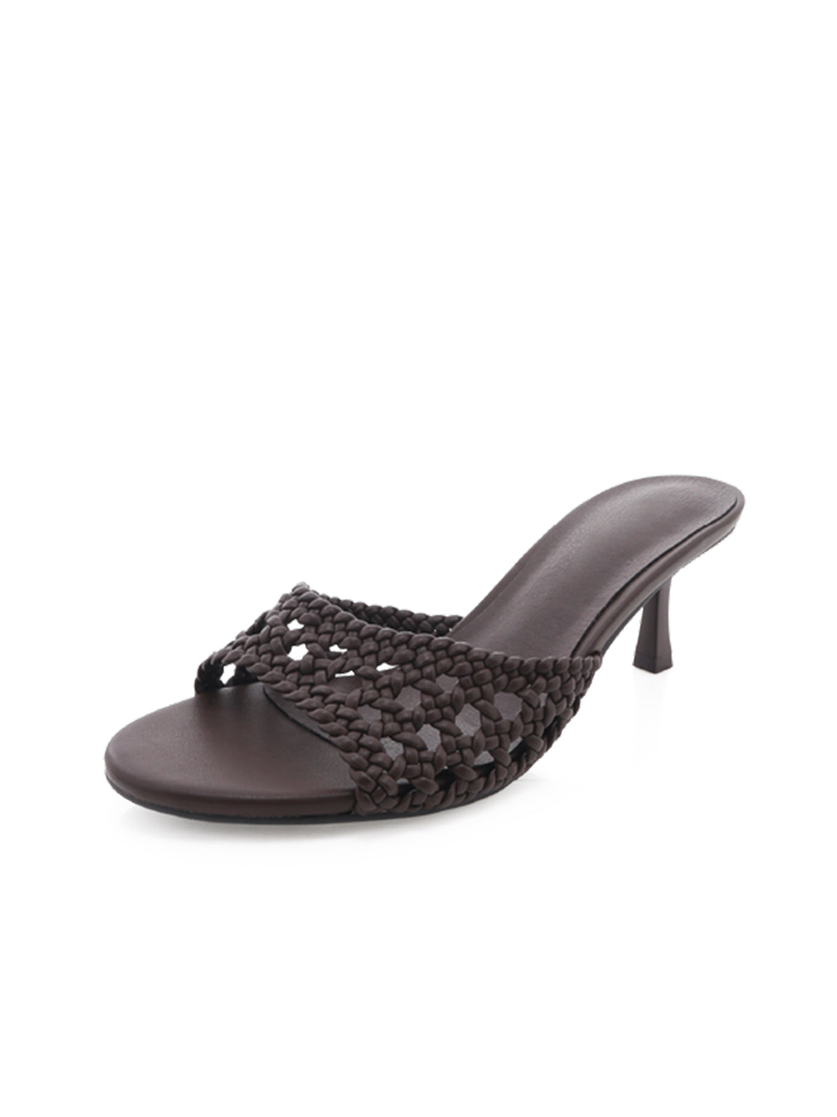 Chocolate Vegan Leather Woven Open Round-Toe Slip-On Kitten Heels