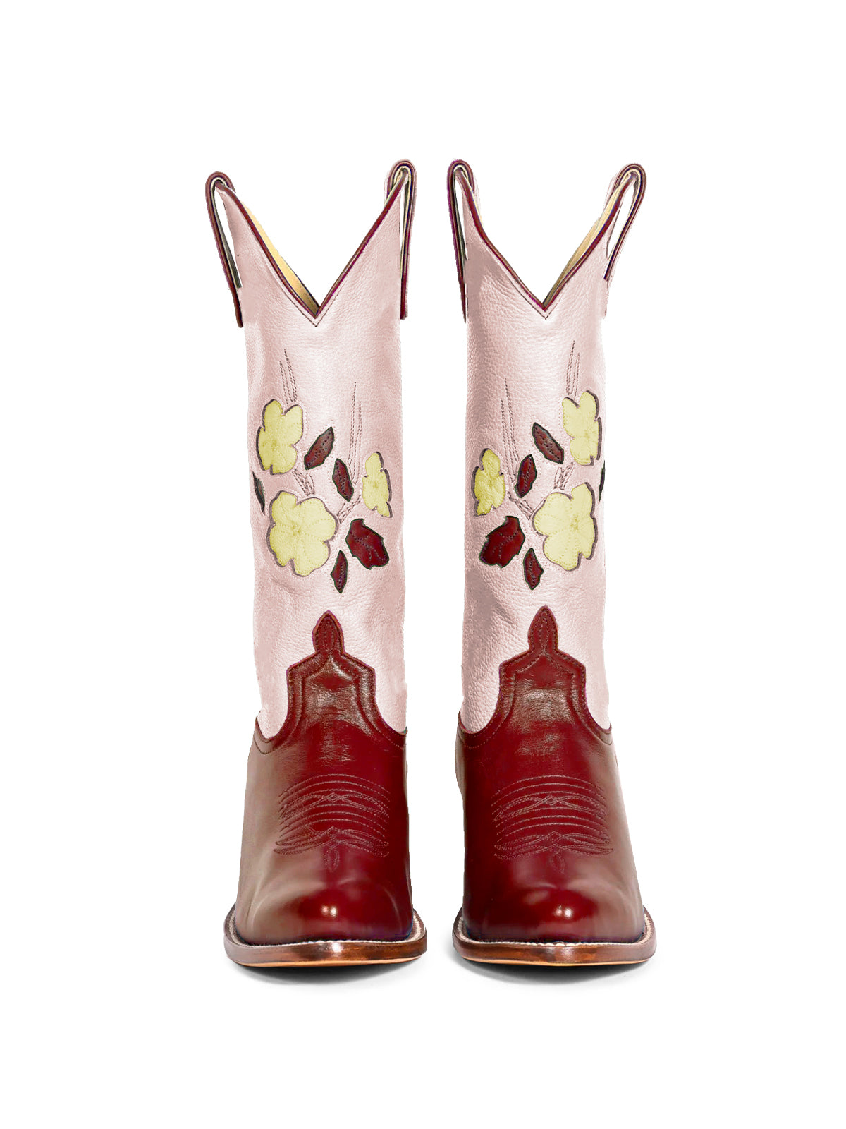 Contrast Pink And Brown Almond-Toe Fresh Flower Inlay Mid Calf Cowgirl Boots