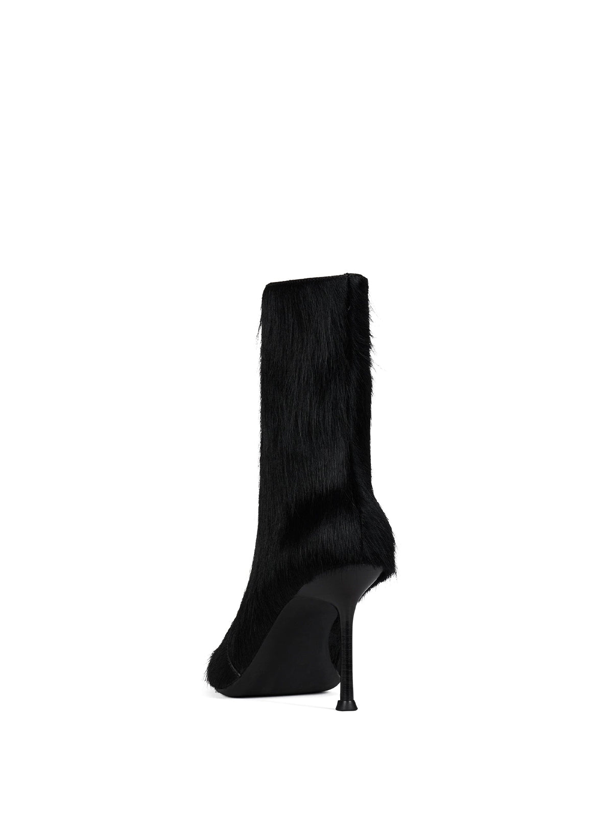 Black Pony Hair Vegan Leather Pointed-Toe Full-Zip Ankle Stiletto Boots