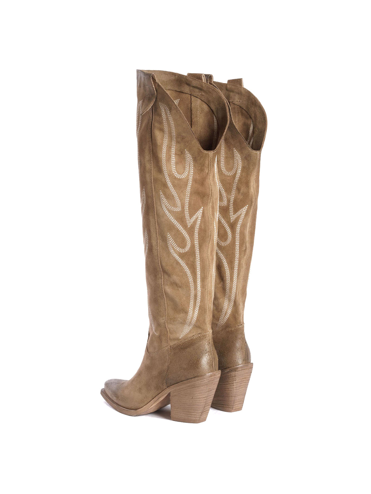 Taupe Faux Suede Snip-Toe Half-Zip Chic Embroidery Knee High Cowgirl Boots