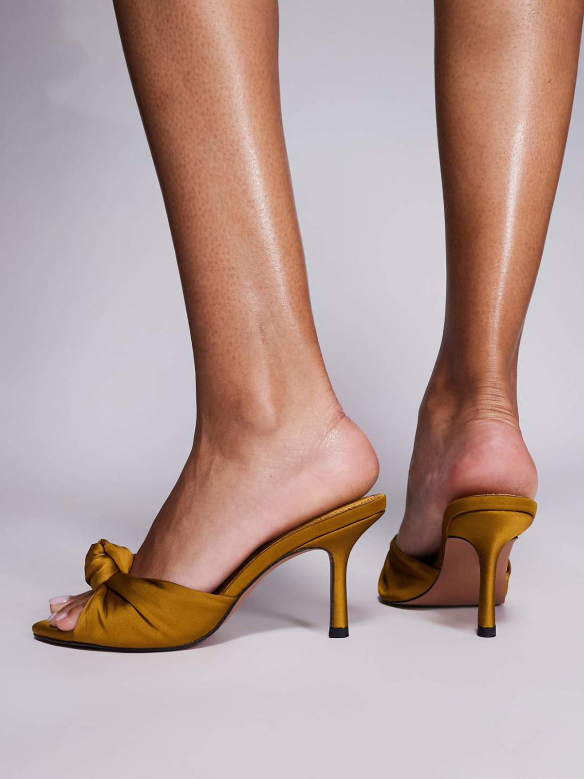 Mustard Yellow Satin Pointed-Toe Knot Slip-On Backless High Heels