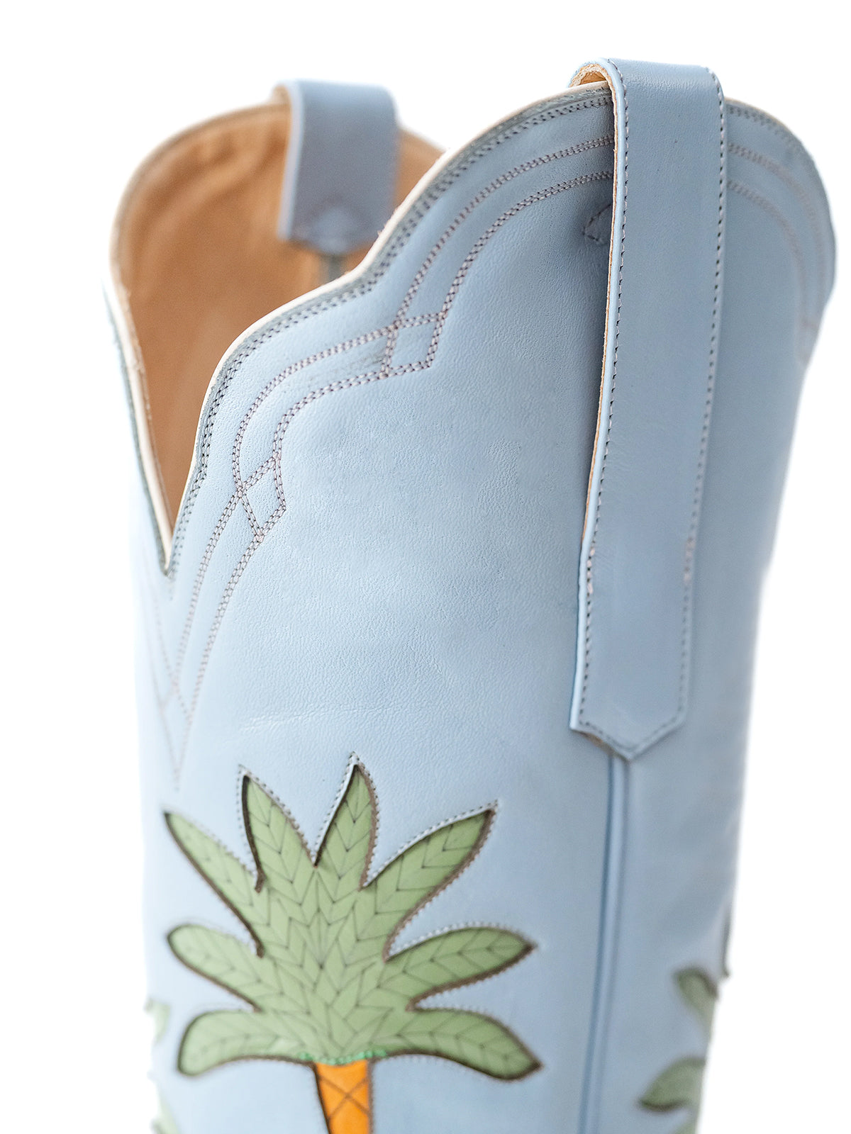 Blue Almond-Toe Wide Calf Western Boots Knee High Tall Boots With Green Palm Inlay