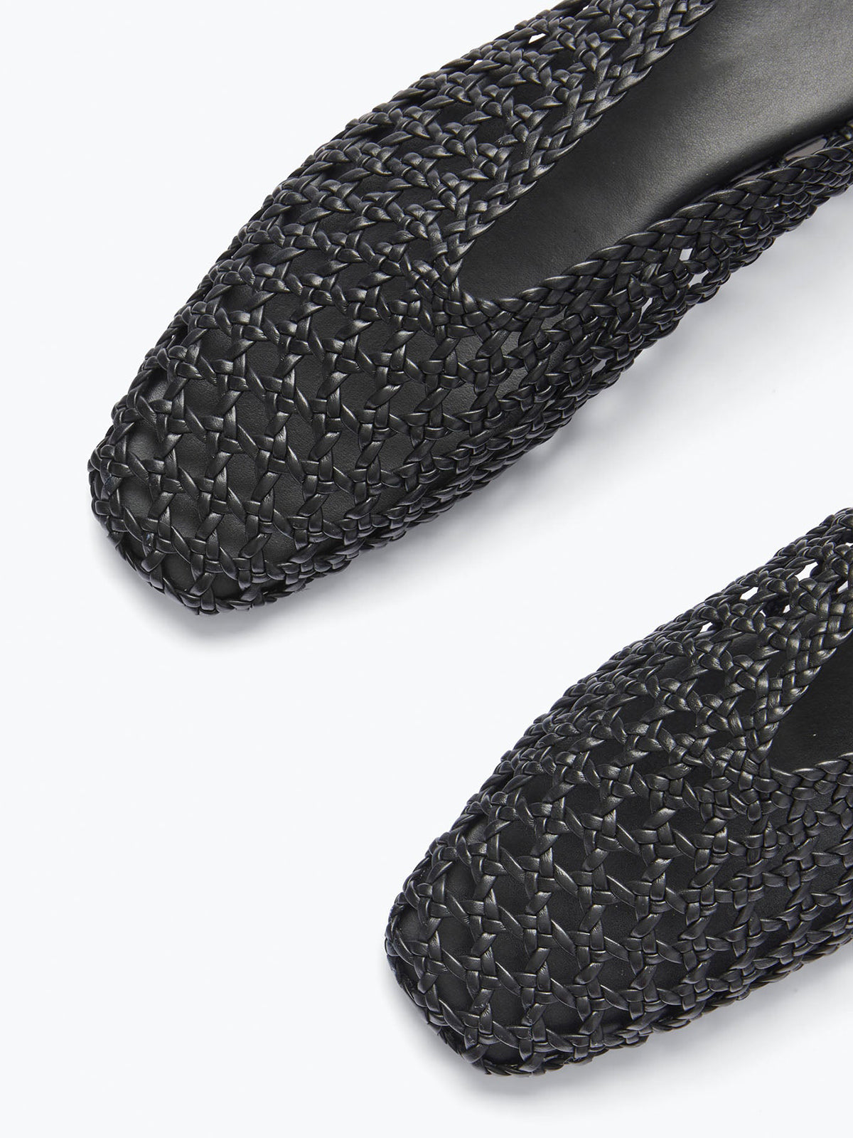 Woven Vegan Leather Square-Toe Ankle Lace-Up Backless Flats - Black