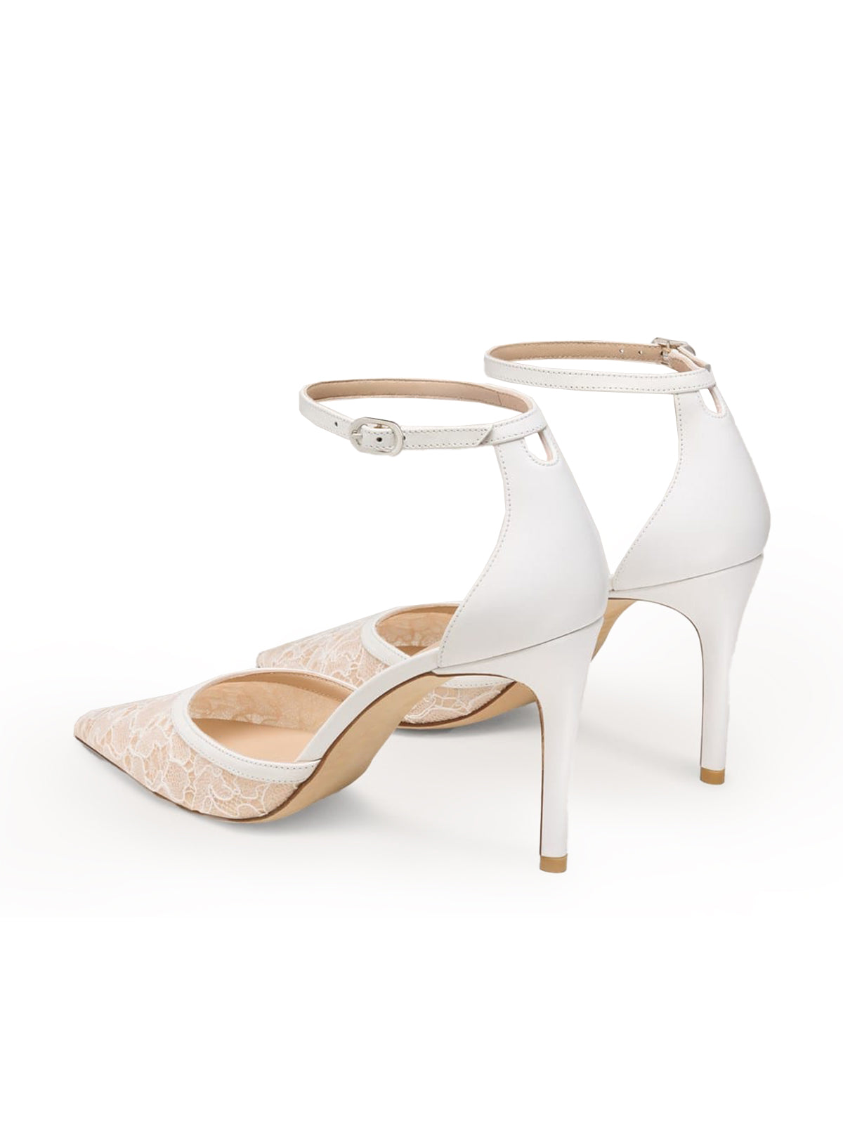 White Satin And Lace Mesh Pointed-Toe Classic Ankle Strap High Heels