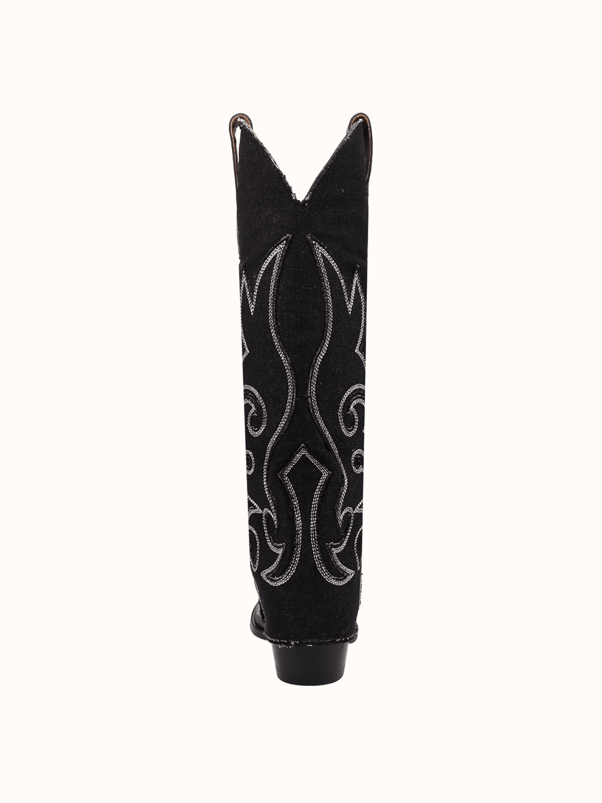 Black Denim And Vegan Leather Snip-Toe Embroidery Fold-Over Wide Calf Knee High Cowgirl Boots