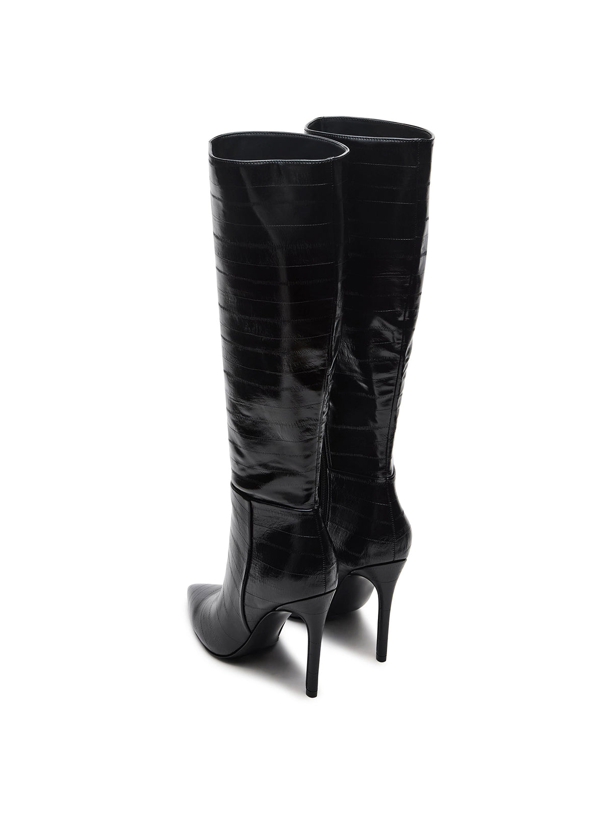 Black Eel Pattern Pointed-Toe Half-Zip Knee High Stiletto Boots
