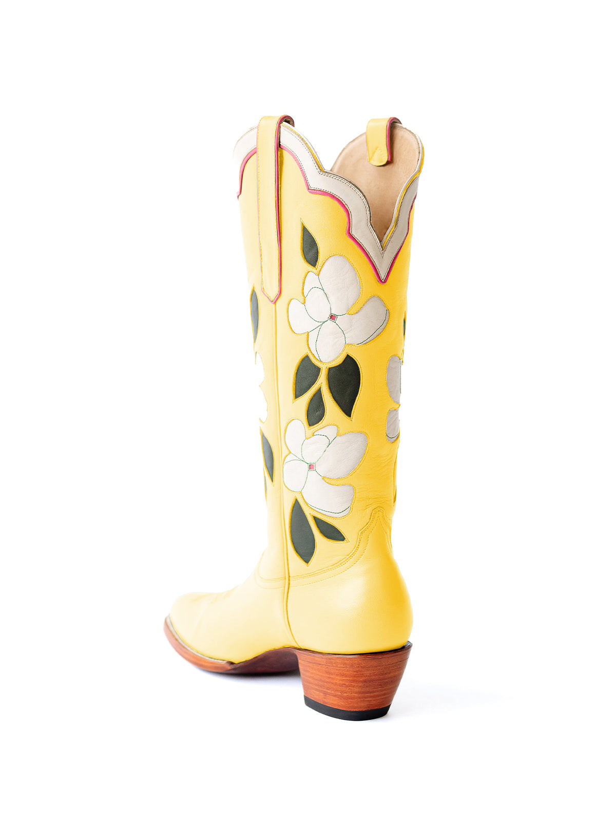 Yellow Almond-Toe White Flower Inlay Wide Calf Knee High Cowgirl Boots