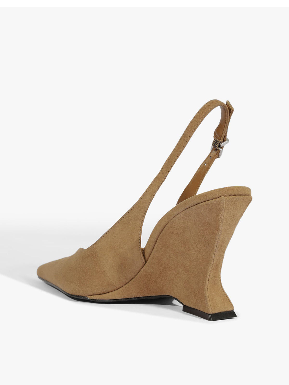 Brown Faux Suede Pointed-Toe Slip-On Buckle Slingback Pumps