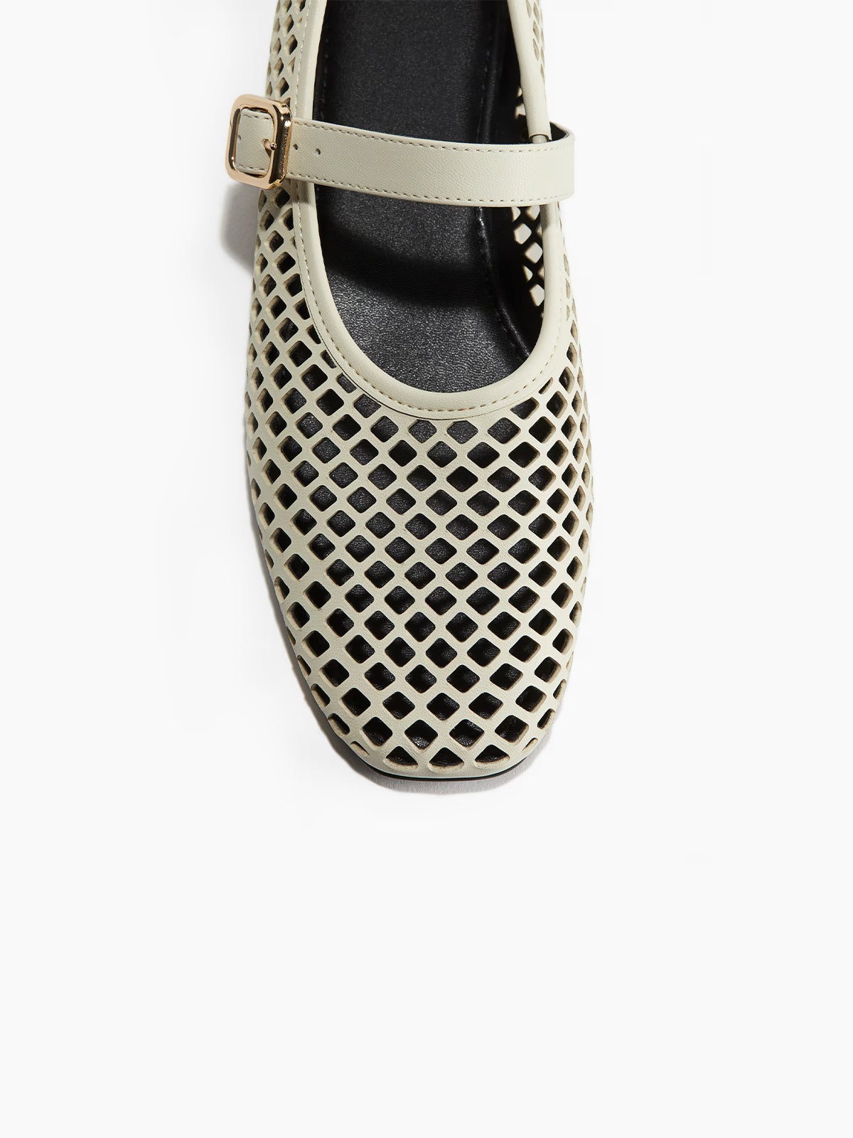 Perforated Square-Toe Bridge Strap Mary Jane Ballet Flats - Beige Patent