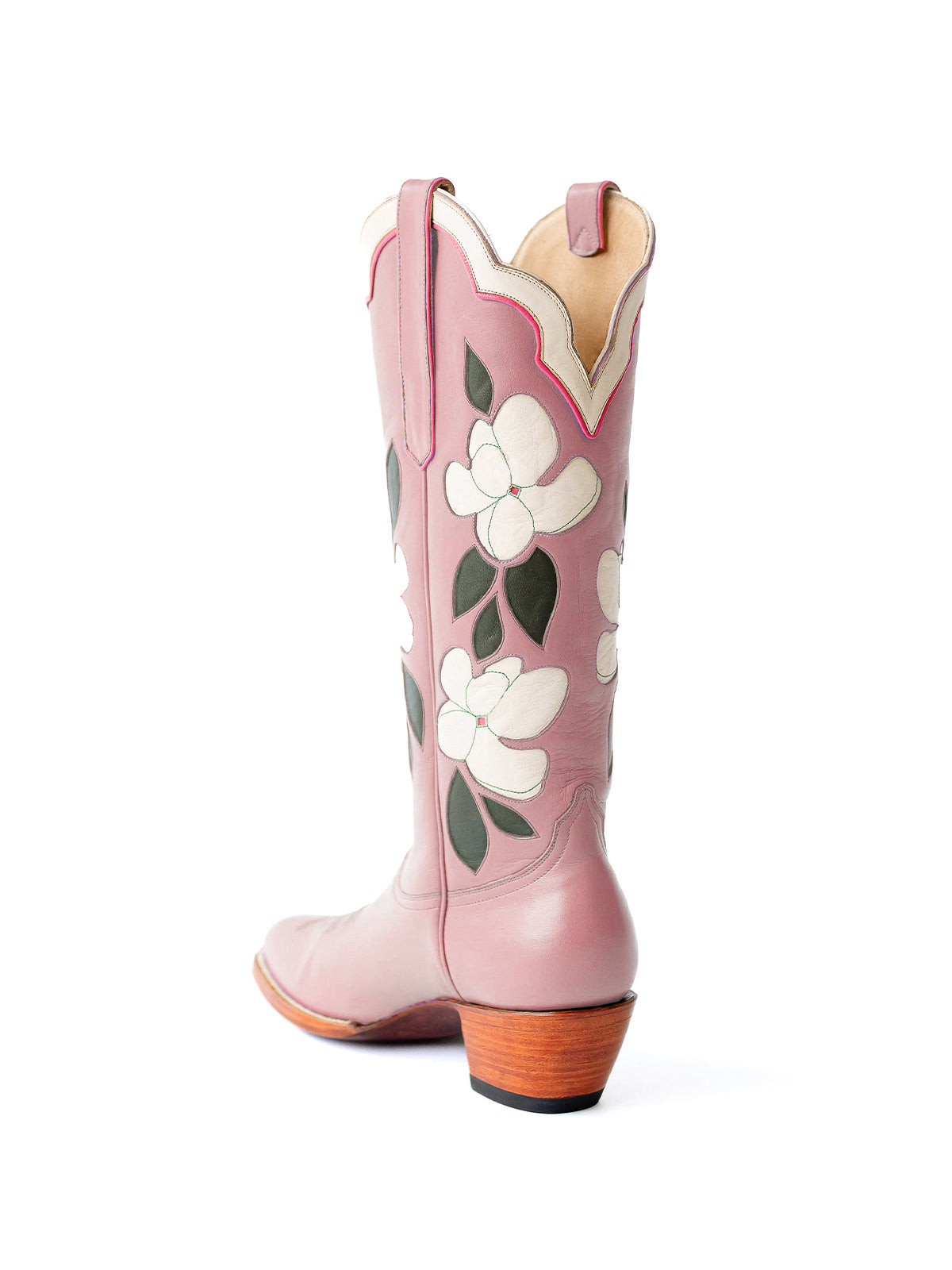 Dusty Pink Almond-Toe White Flower Inlay Wide Calf Knee High Cowgirl Boots