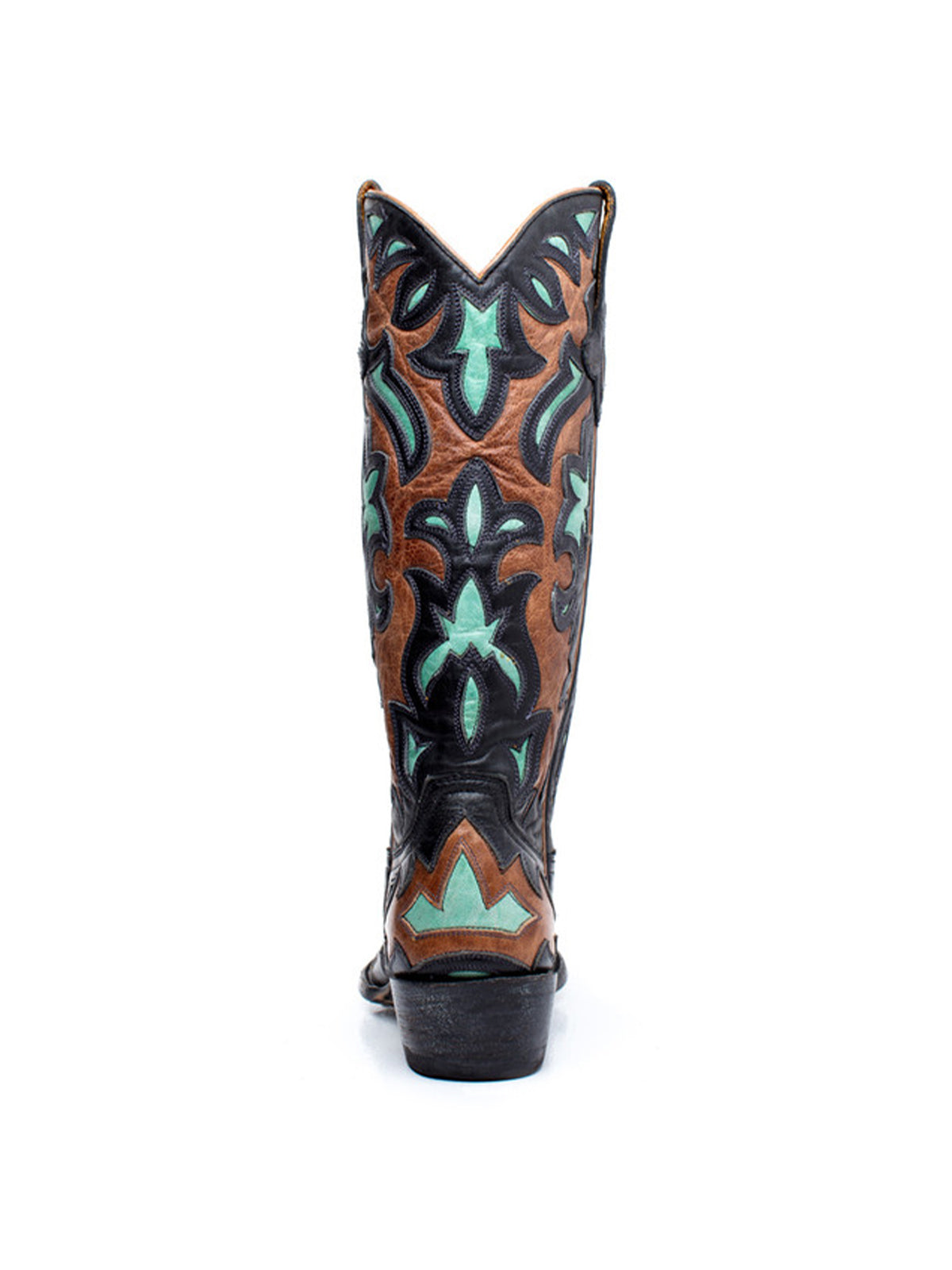 Black Snip-Toe Aqua Inlays And Embroidery Mid Calf Cowgirl Boots
