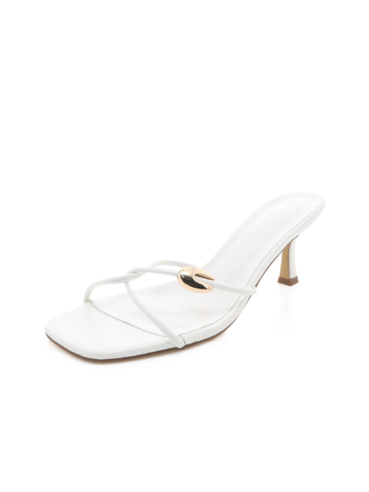 White Open Square-Toe Three Thin Straps Backless Kitten Heels