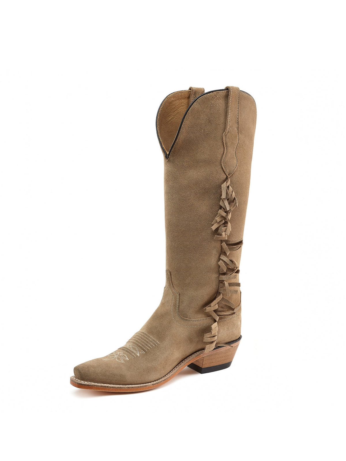 Tan Faux Suede Snip-Toe Fringe Western Knee High Cowgirl Boots