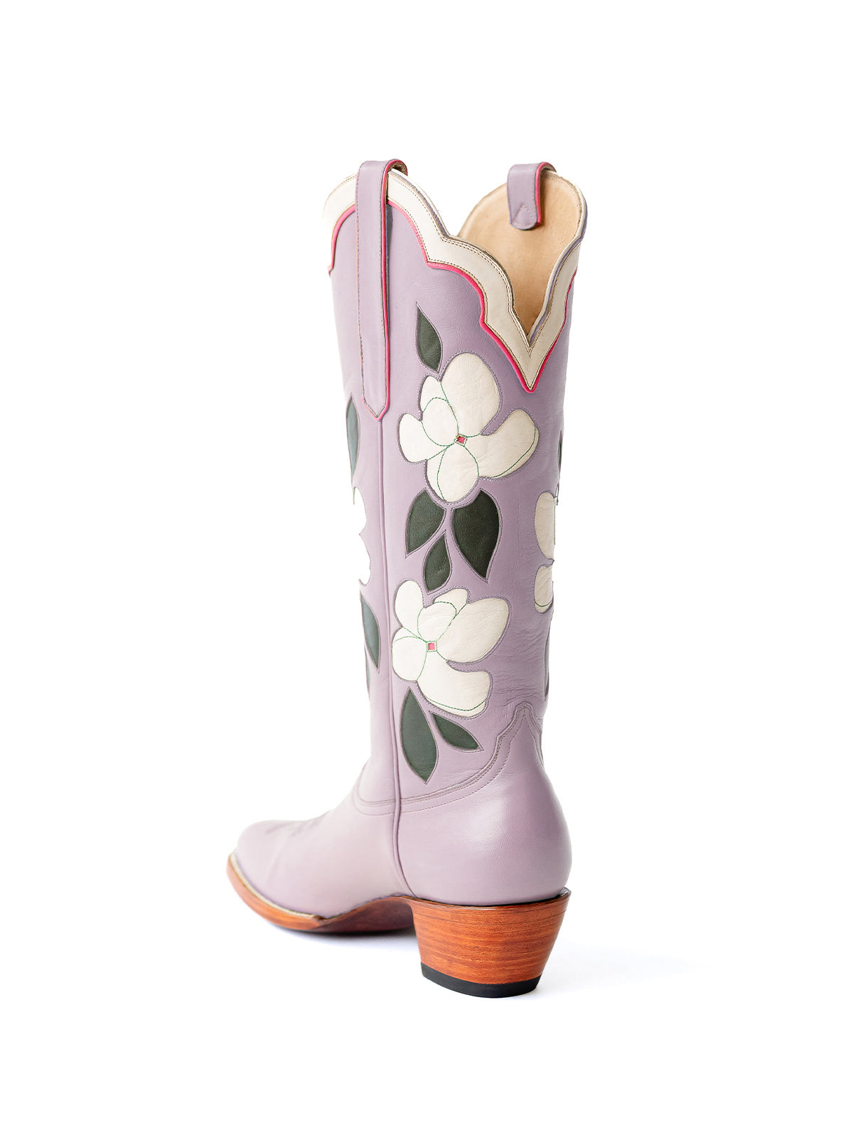 Purple Almond-Toe White Flower Inlay Wide Calf Knee High Cowgirl Boots