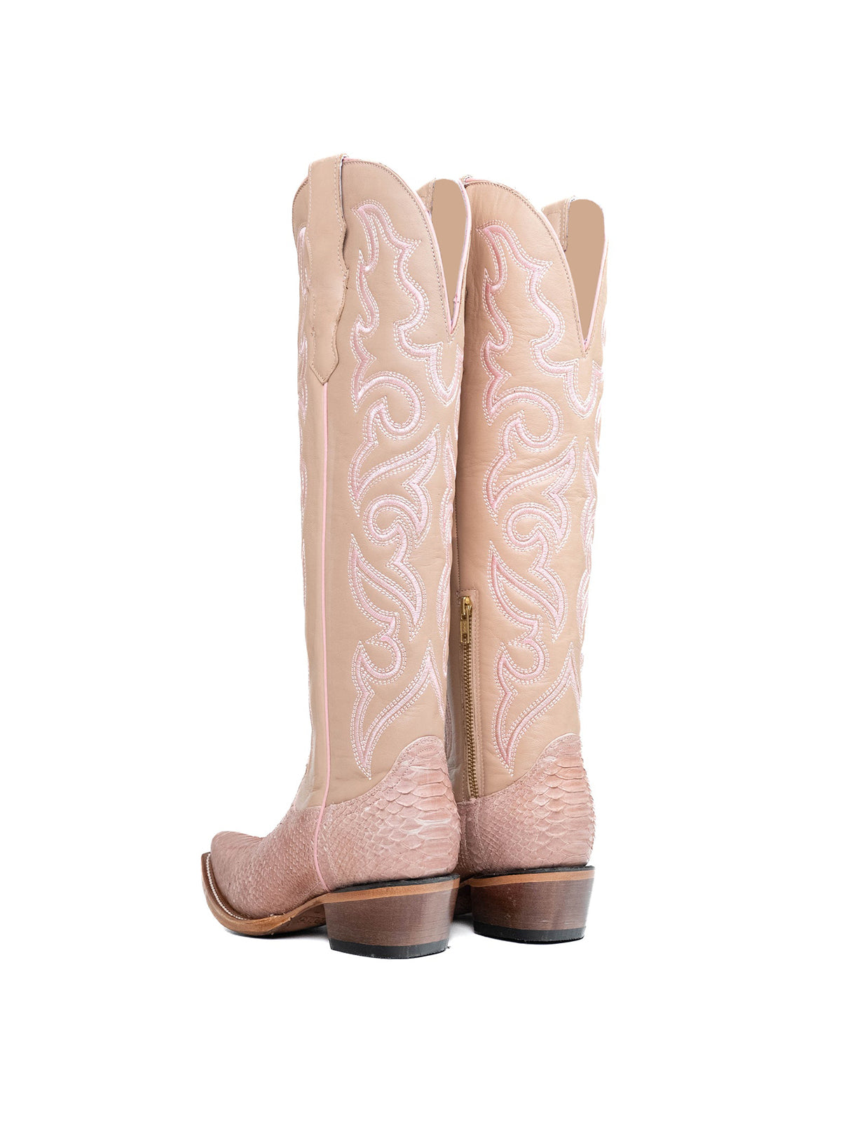 Light Pink Snakeskin Print And Vegan Leather Snip-Toe Embroidery Half-Zip Knee High Cowgirl Boots