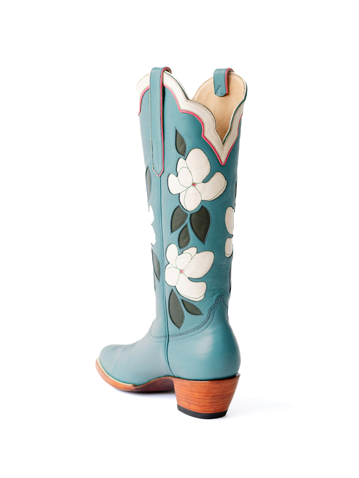 Ink Blue Almond-Toe White Flower Inlay Wide Calf Knee High Cowgirl Boots