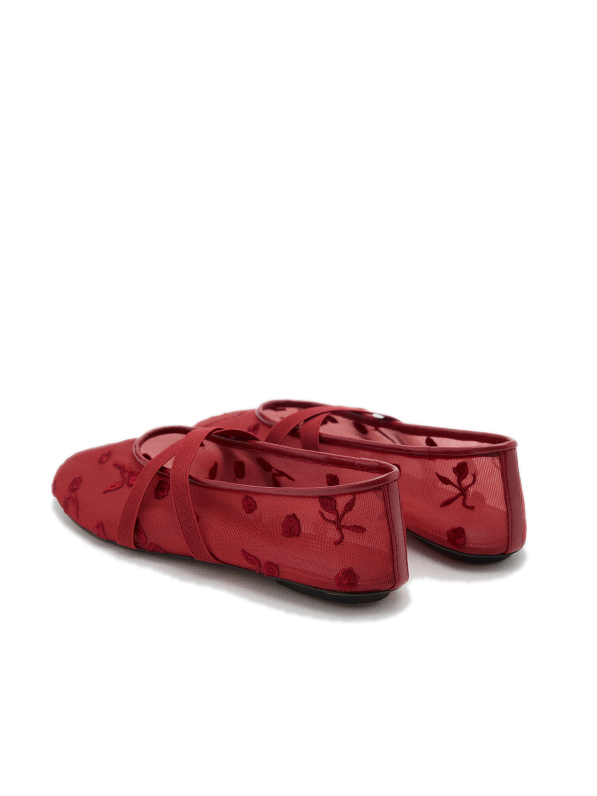 Red Mesh Round-Toe Flowers Embroidery Ballet Flats With Cross Straps