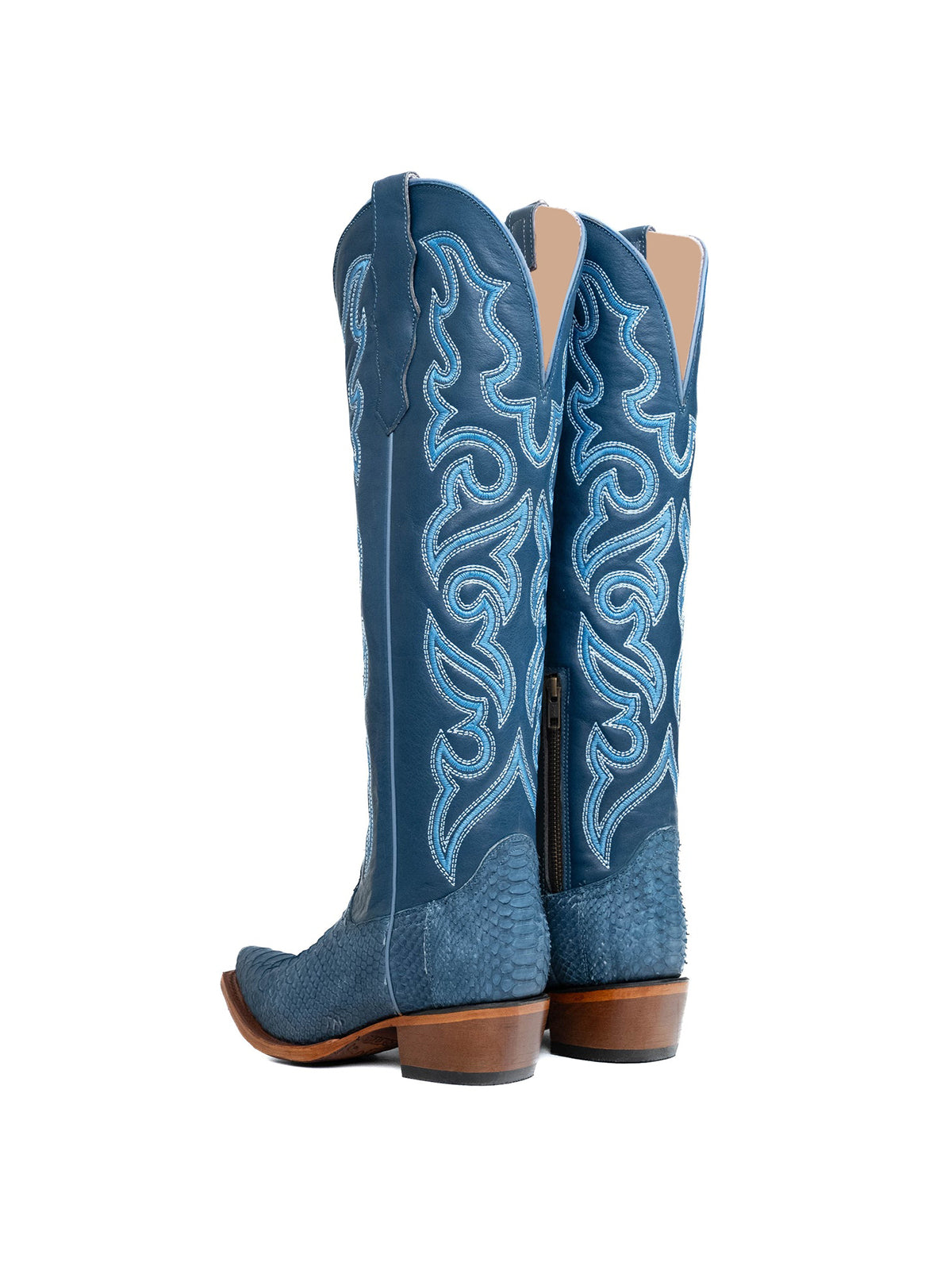 Blue Snakeskin Print And Vegan Leather Snip-Toe Embroidery Half-Zip Knee High Cowgirl Boots