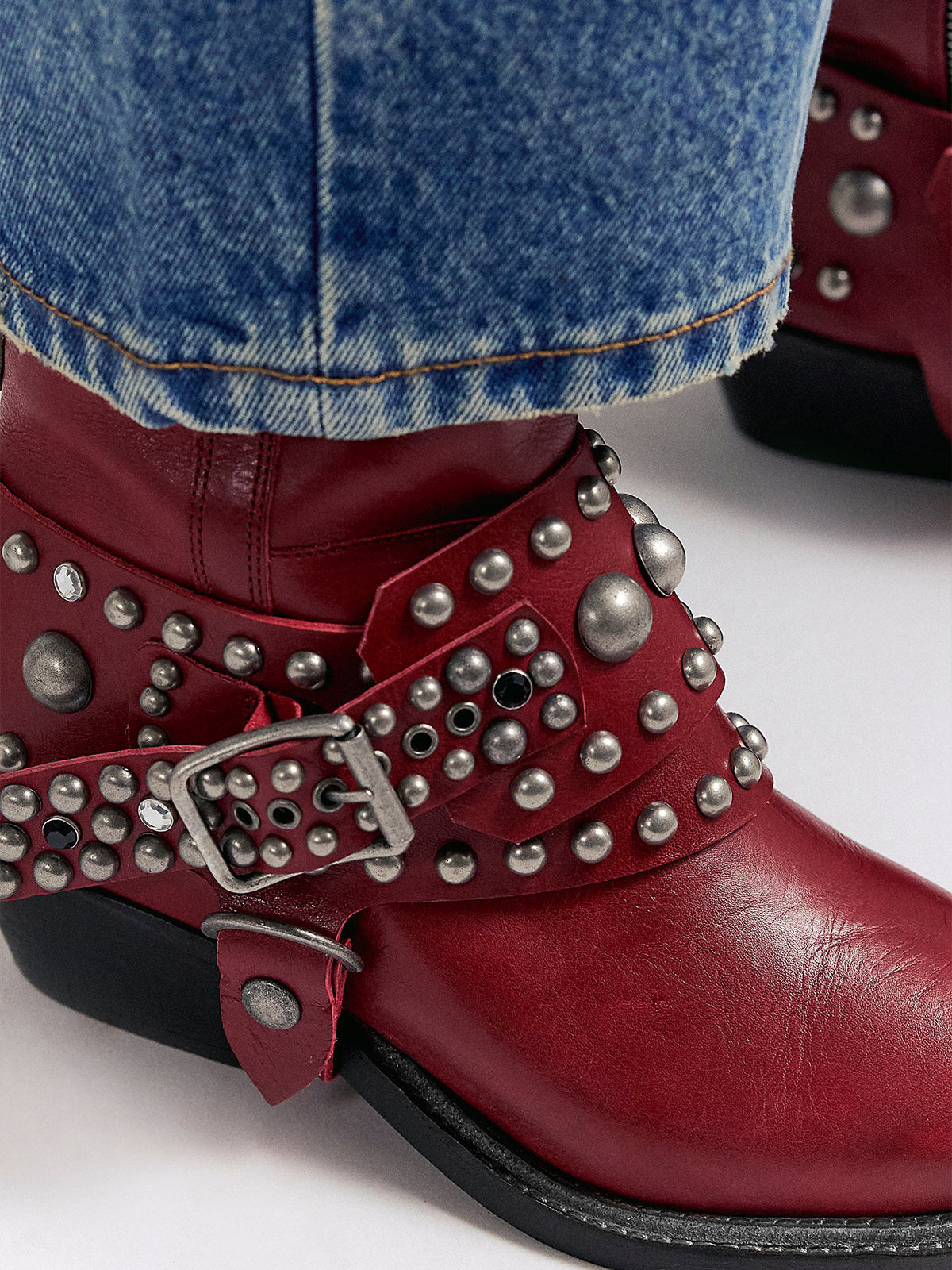 Red Pointed-Toe Studded Buckle Strap Full-Zip Ankle Cowgirl Boots