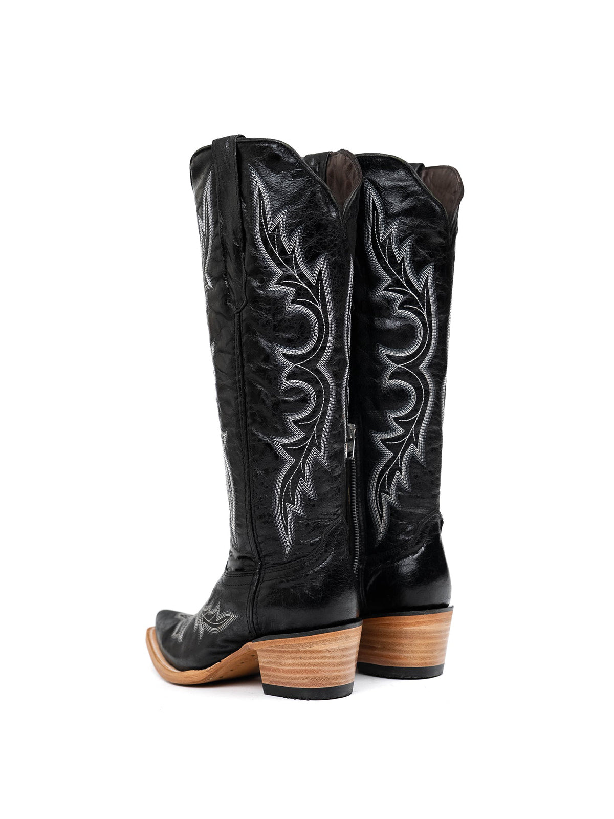 Distressed Black Snip-Toe Half-Zip Classic Embroidery Knee High Tall Cowgirl Boots