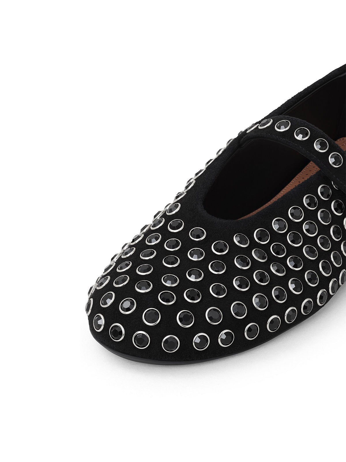 Black Faux Suede Round-Toe Mary Jane Ballet Flats With Rhinestone