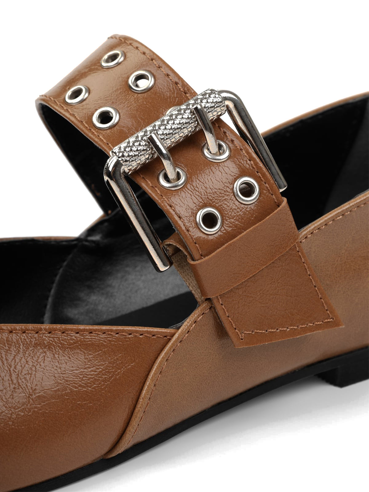 Caramel Square-Toe Buckle Bridge Strap With Eyelets Ballet Flats