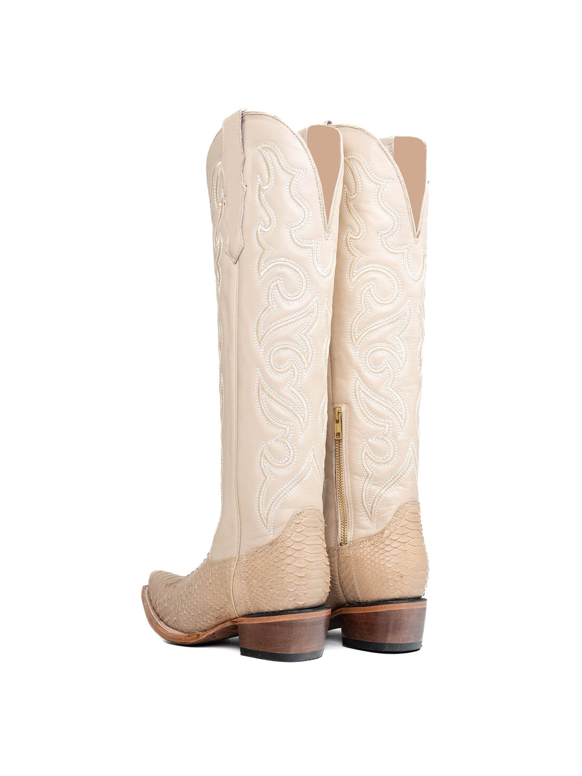 Beige Snakeskin Print And Vegan Leather Snip-Toe Embroidery Half-Zip Knee High Cowgirl Boots