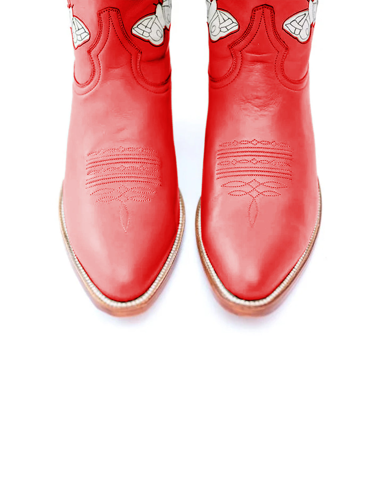 Red Almond-Toe Butterfly Inlay Ankle Cowgirl Boots